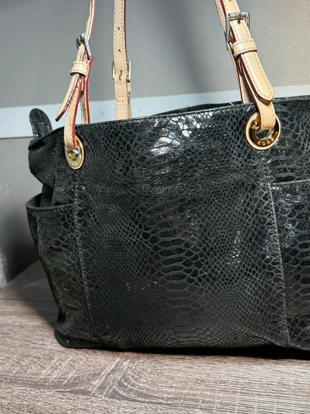 Michael Kors Black Textured Leather Tote with Cream Straps and Gold Hardware
